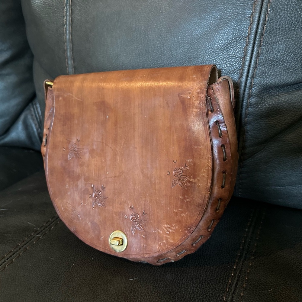 Hand Tooled Hippie Leather Shoulder Bag Flower Power Natural Cognac Leather